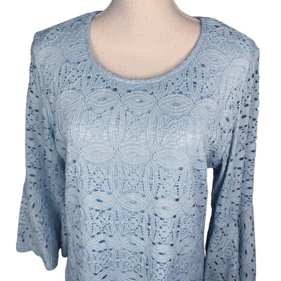 RN Studio by Ronnie Nicole Stretch Lace Bell Sleeve A-Line Shift Dress Blue 16 - Picture 3 of 9